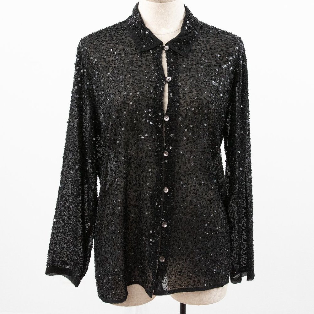Vintage 90s Chico's S/M Beaded Shirt Jacket Black Button down Cardigan Shacket